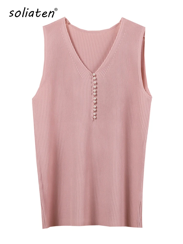 Women Summer Tops Viscose Knit Tank Top Fitness Sexy Sleeveless Pearl Buttoned T Shirt Elegant Lady Bottoming Tees A-001
