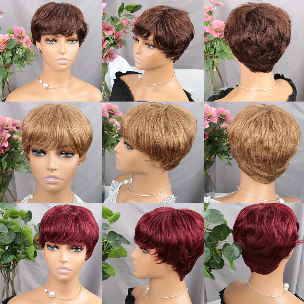 Chocolate Brown Short Pixie Cut Wig Human Hair For Black Women Machine Made Wigs With Bangs Brown Pixi Short Human Hair Wigs