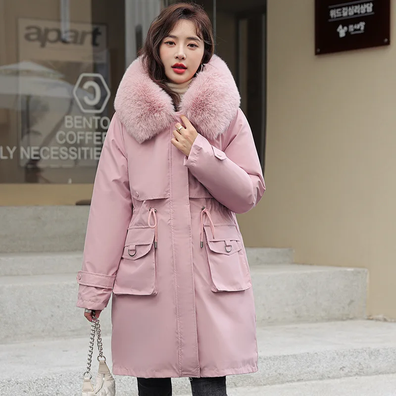 

Утолщенное женское зимнее пальто с отделкой из искусственного меха, капюшон, флисовая подкладка, карманная женская куртка-парка, минималистичный топ средней длины для женщин