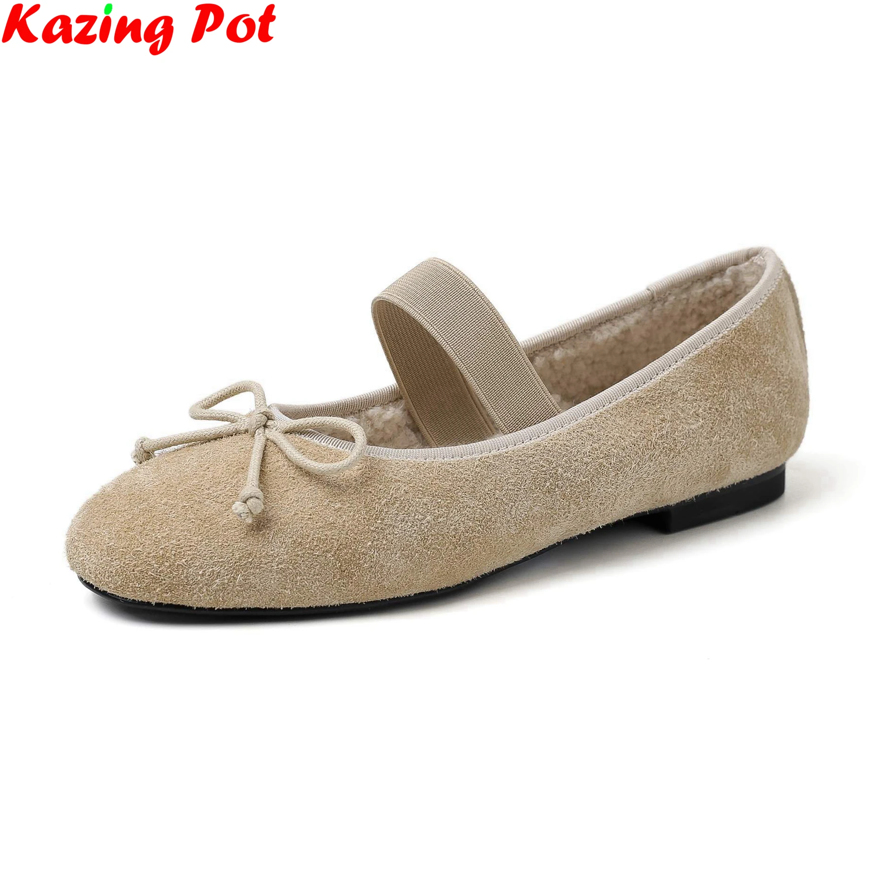 Plus Size 34-42 Cold-resistant Cow Suede Round Toe Shallow Mary Janes Winter Spring Shoes Retro Office Lady Brand Women Flats