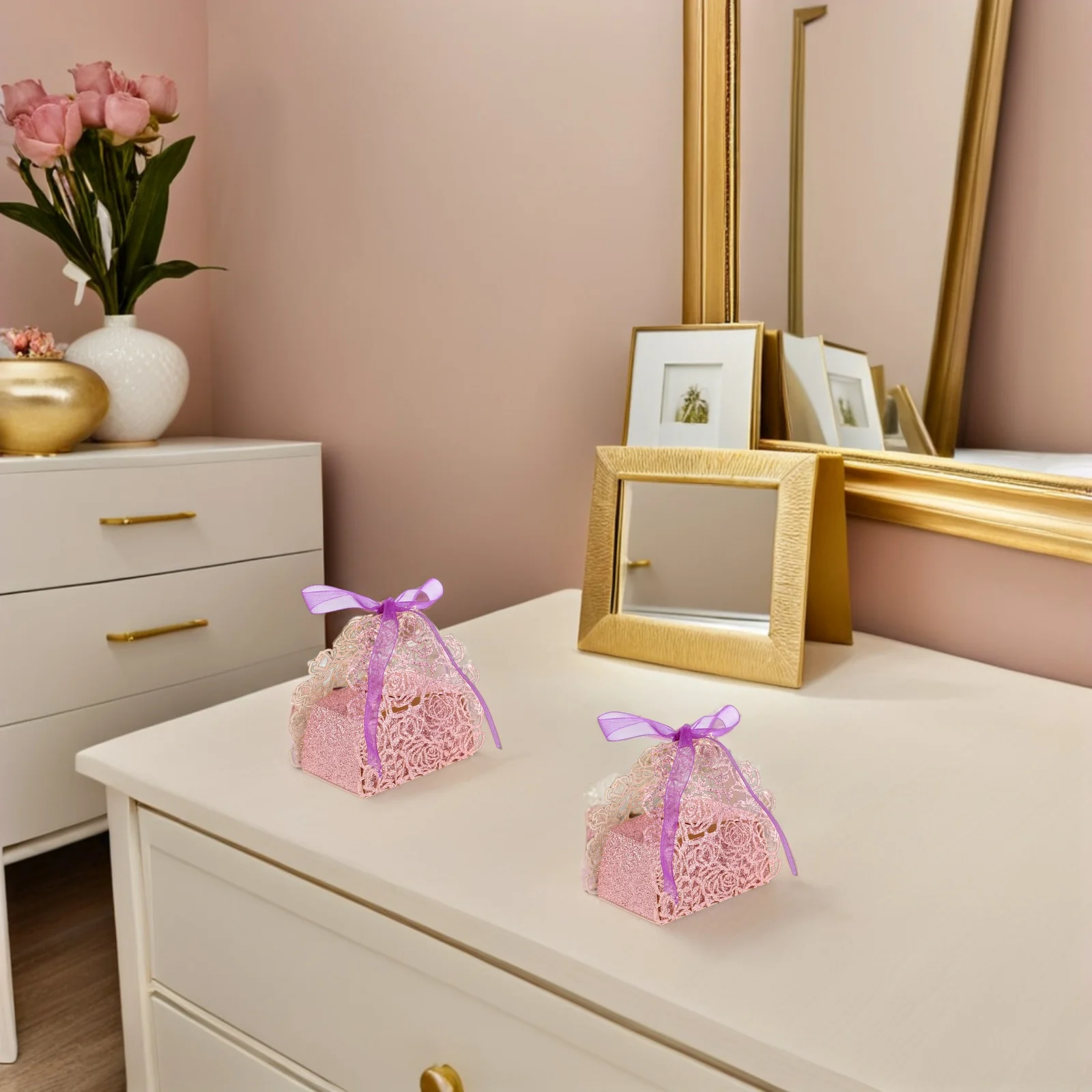 กล่องใส่ขนมงานแต่งงาน สีโรสโกลด์ หรูหรา ของชำร่วยงานเลี้ยง สำหรับงานหมั้นและงานแต่งงาน บรรจุภัณฑ์ของขวัญ