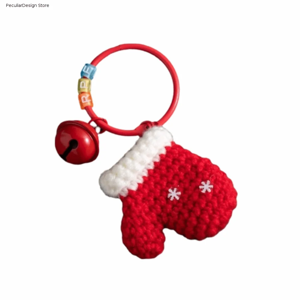 Handmade Christmas Knitted Hanging Ornament Yarn Soft Christmas Bag Charm Mini with Bell Xmas Crochet Keychain Friend