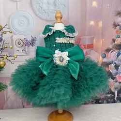 Retro High-end Blackish Green Puppy Dog Cats Costumes Winter Thick Warm Luxury Princess Dress For Small Medium Dog Pet Clothes