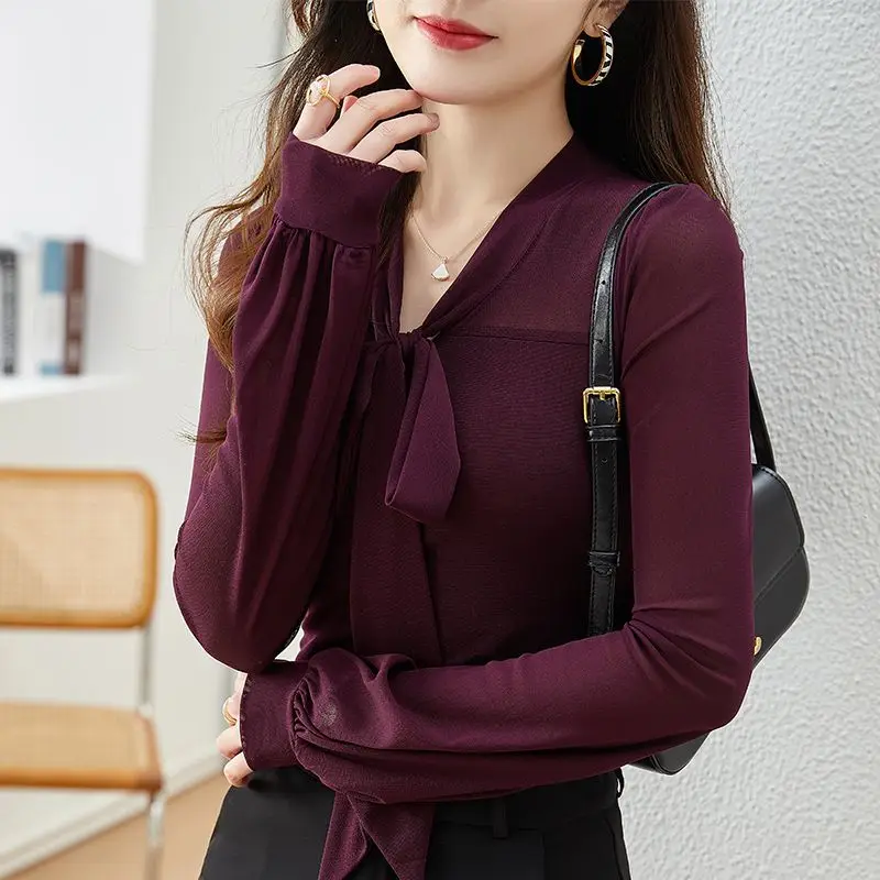 Temperament Net Yarn Long Sleeve T Shirts Spring New Bow Solid Slim All-match Trend Tops Tees Fashion Elegant Women Clothing