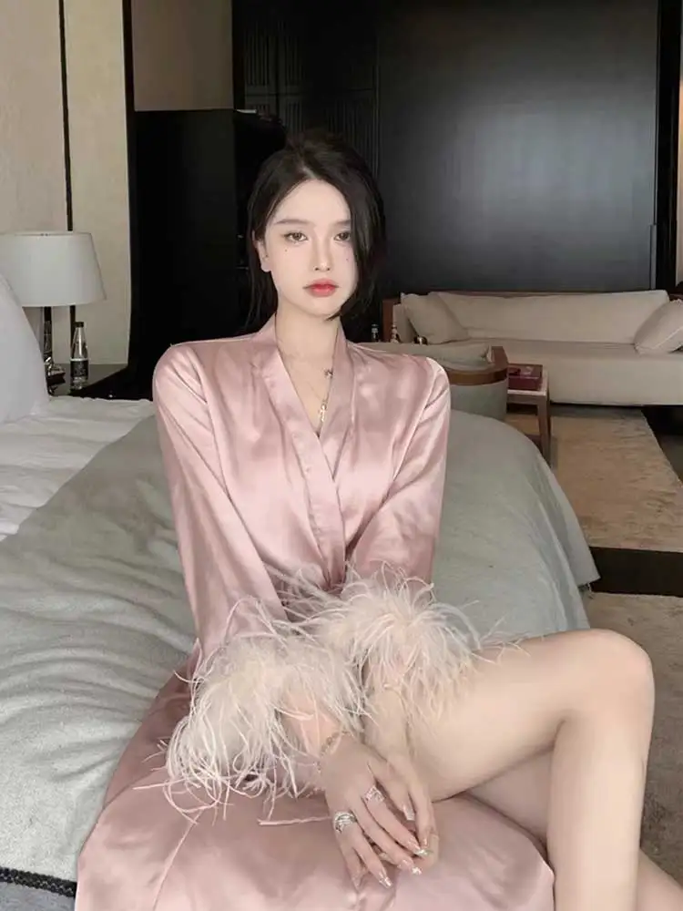 ReddaChic Pink Silk Ostrich Feather Trim Bath Robe Women Long Sleeves Bandage Midi Long Wedding Bride Bridesmaid Robe Pajama