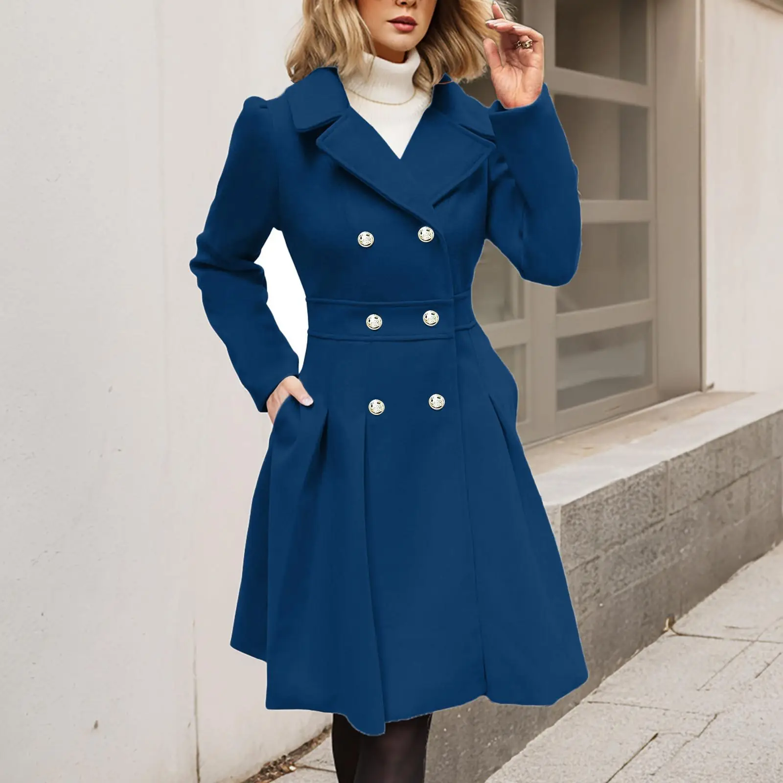 

Elegant Solid Color Dress For Women Autumn Fashion New Casual Lapel Double Breasted Long Sleeve High Waist A-line Coat Jacket