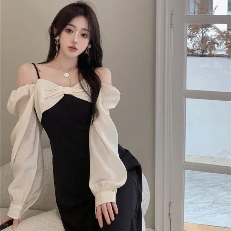 เดรสยาวแขนยาวสไตล์เกาหลีสำหรับผู้หญิง  งานปาร์ตี้  ทรงเข้ารูป  งานพรอม  แฟชั่นฤดูใบไม้ผลิ ฤดูใบไม้ร่วง 2025  สไตล์ Y2k ชุดเดรสแบบชิ้นเดียวสำหรับผู้หญิง