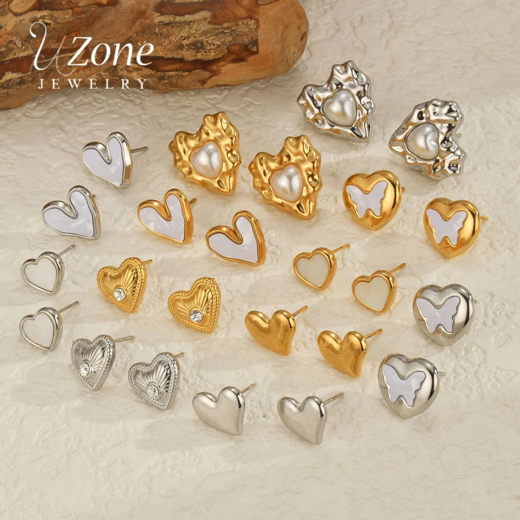 UZone New Trendy Simple Shell Heart Earrings for Women Stainless Steel Fashion Romantic Zircon Heart Stud Earring Jewelry Gift