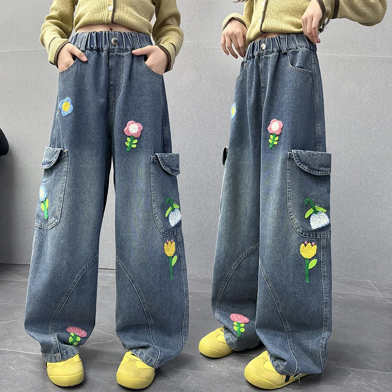 

High Fashion Tweens Girls Loose Straight Carpenter Jeans with Embroidery Flower Trousers Kids Child Wide Leg Denim Pants 5-14 Y