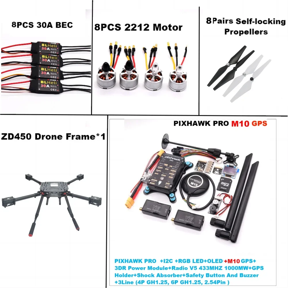 

F450 PIXHAWK PRO M10 Dual Motor Flight Fiber Frame Kit Ardupilot 100MW Radio Telemetry Quadcopter BLHELI 30A ESC 2212 Motor RC