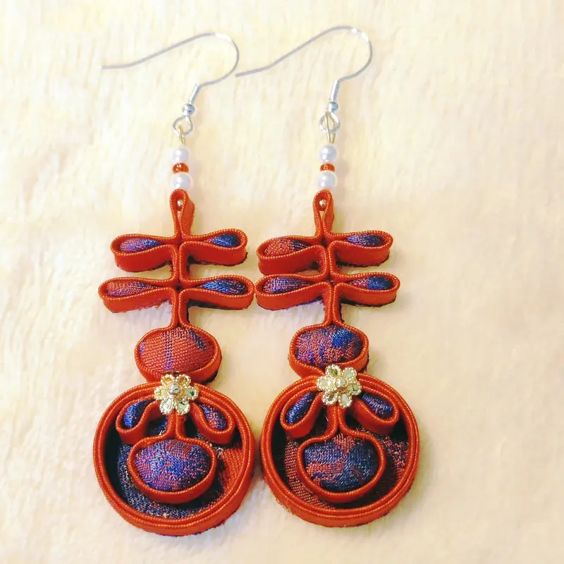 Handmade Knot Red Earrings With Xi Character Design Song Brocade Fabric Art Earring Chinese Old Money Look Cheongsam Accessories