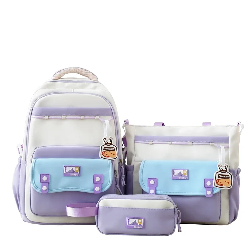 Ensemble de sacs d'école en nylon solide de grande capacité avec fermeture éclair, sacs à dos simples et polyvalents, sacs d'école classiques, offre spéciale, 3 pièces