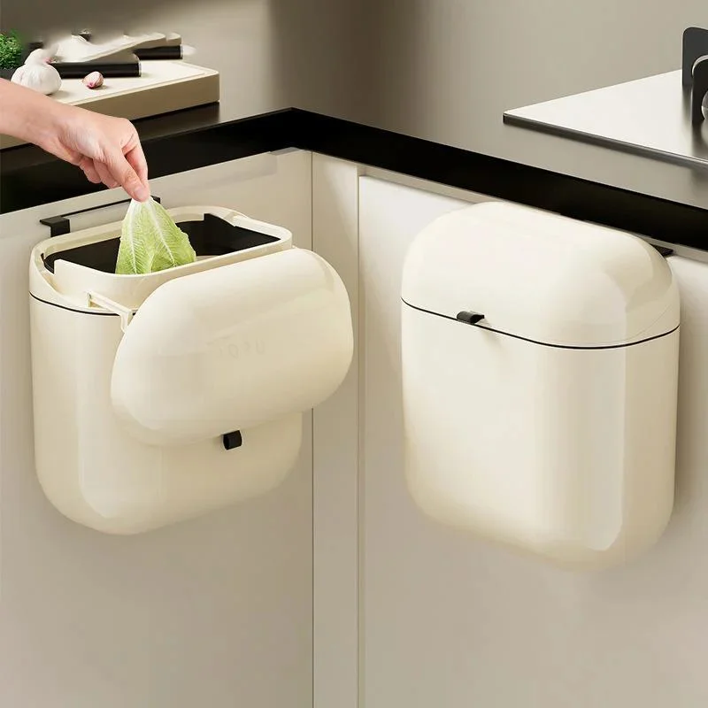 

9L/12L DIY Cream Colored Wall Mounted Kitchen Trash Can With Lid For Food Waste And Bathroom No Bending High Appearance Level