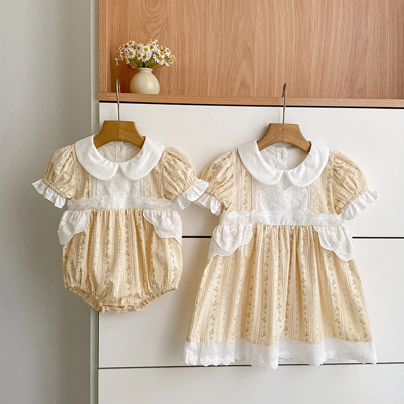 2026 Summer New Baby 0-24M Girls Baby Princess Romper Girls 2-6Yrs Girl Short Sleeved Dress Lace Trimmed Flower Sisters Dress