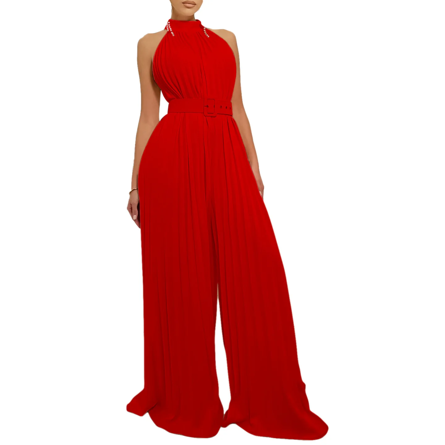 Jump Suits for Women Temperament Solid Color Sleeveless Sexy Wide-leg Pleated Wide-leg Jumpsuit Casual Pants Jumpsuit Women