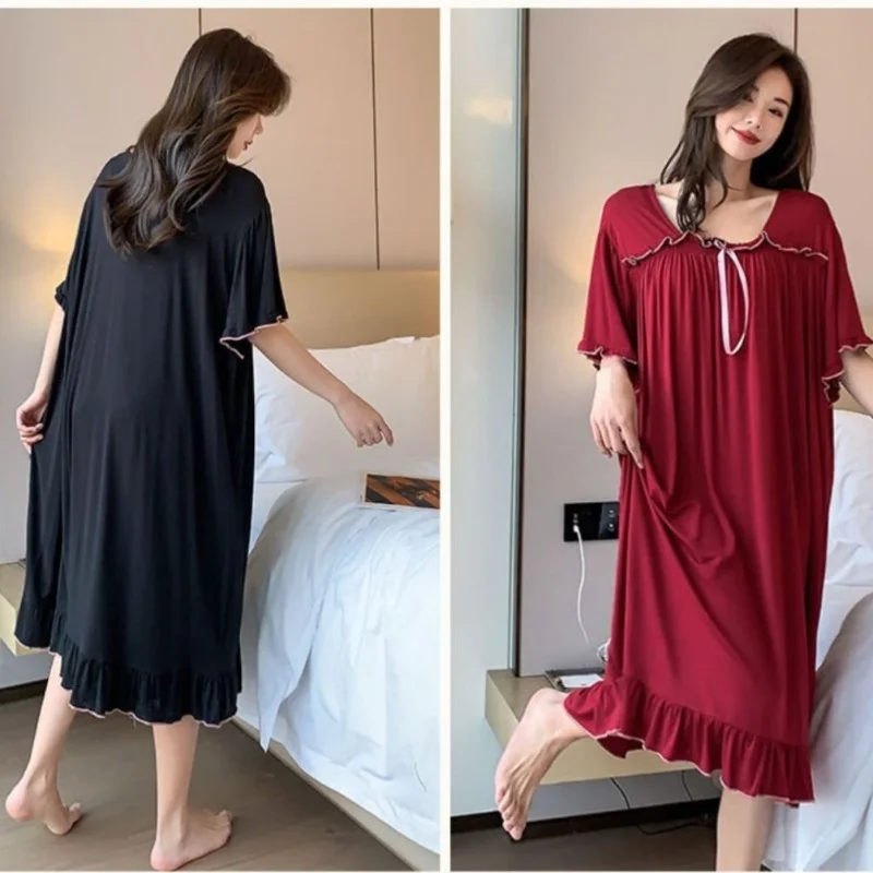 150kg Extra Large Size Loose Sleep Shirt Dress Women Solid Knee Length Short Sleeve Loungewear Summer Pajamas Plus Size Homewear