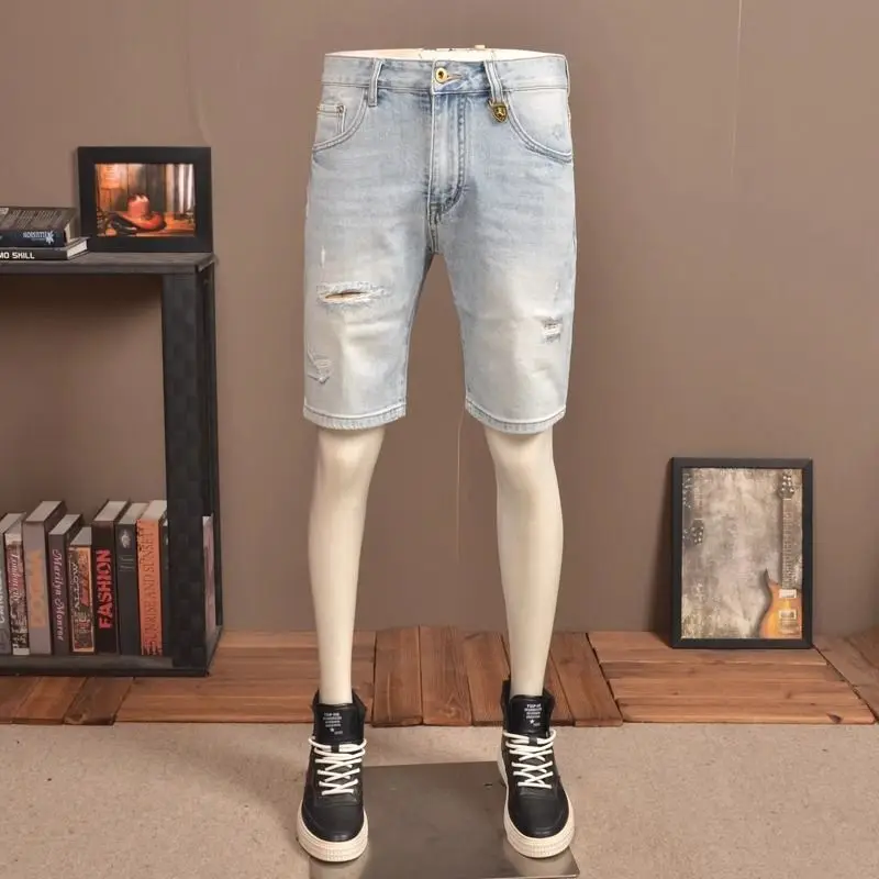 Ripped Denim Shorts Men's Summer Thin Trend Slim-fitting Ruffian Handsome Casual Clothes Washed Man Half Pants Hort Jeans Man