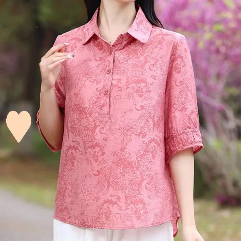 

Elegant Women's Floral Embroidery Shirt Thin Medium Sleeve Turn-down Collar Slimming Concealing Fashionable Retro Blouse