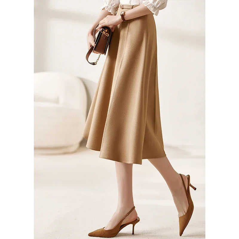 Vimly A Line Elegant Umbrella Skirt Women Autumn 2023 Delicate Elegant Light Luxury High Waist Versatile Woman Midi Skirts V3760