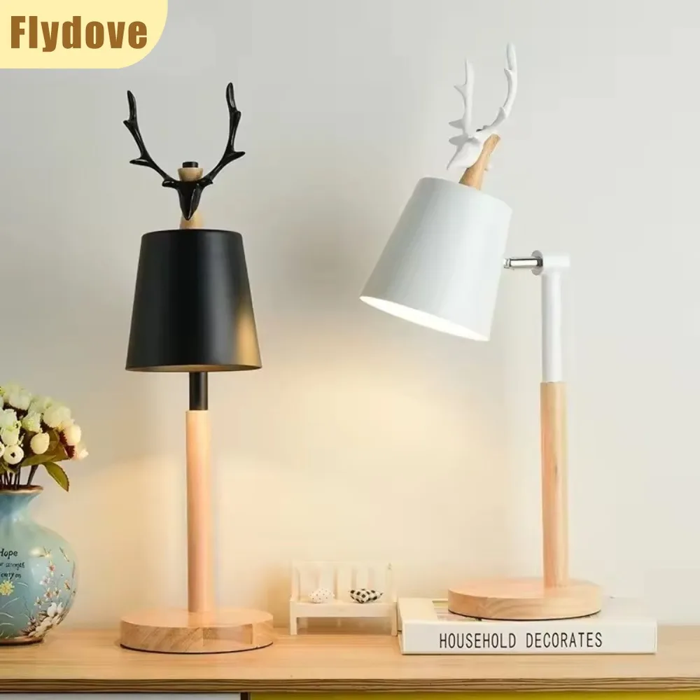 

Solid Wood Nordic Antlers Desk Lamp Cute Living Room Bedroom Desk Reading LED Home Decoration Angle Adjustable Light Fixture