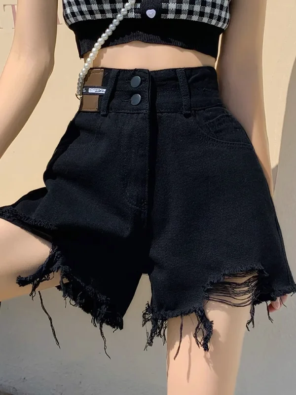 

High Waist Denim Shorts Women's Summer 2026 New Style INS Trendy Cuffed Hot Pants A-Line Wide Leg Jeans Black Hole Punch