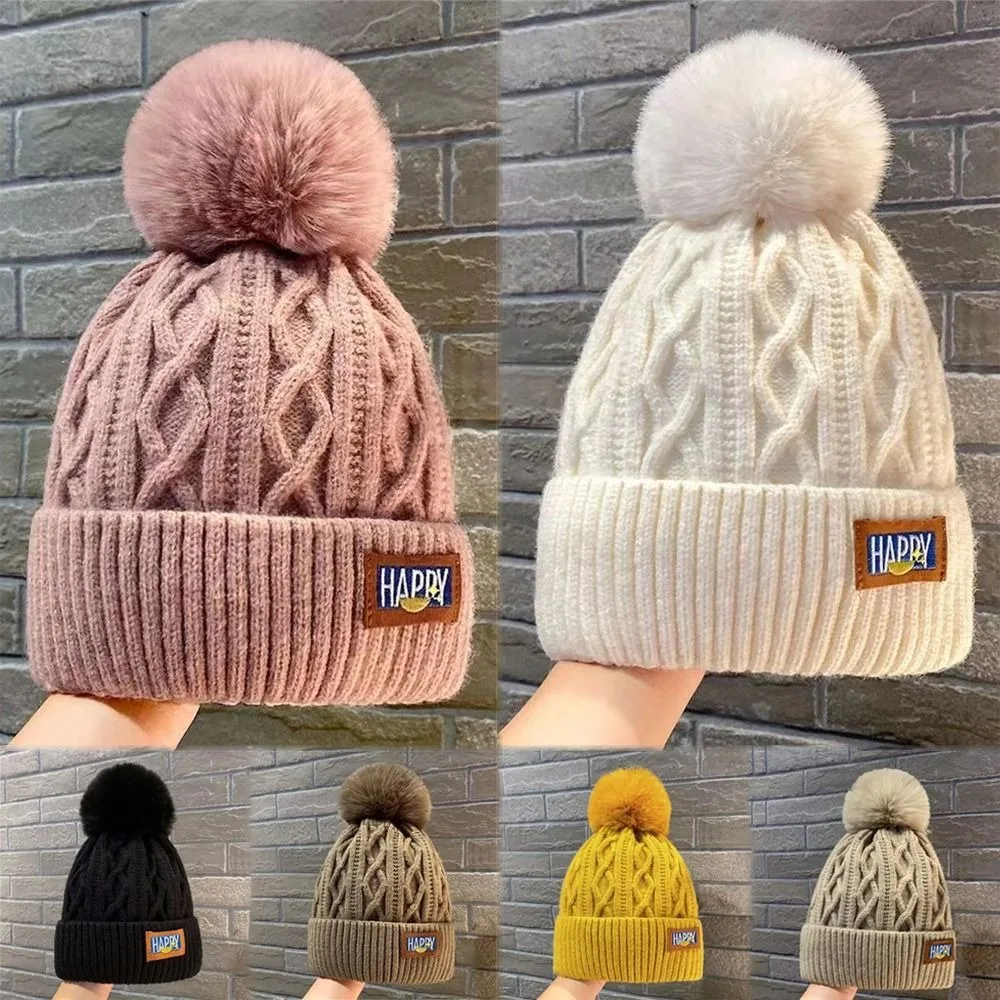 Stylish Thickened Winter Hat Keep Warm Beanie Hats Knitted Cap Women Pompoms Hat Ear Protection