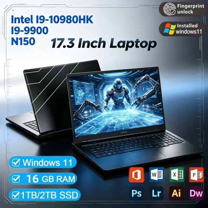 Hot Sale 17.3 Inch Ultra‑Slim Notebook 32GB RAM 2TB SSD Win11 Intel I9‑10980HK 9900 N150 Portable Laptop For Study Office Game