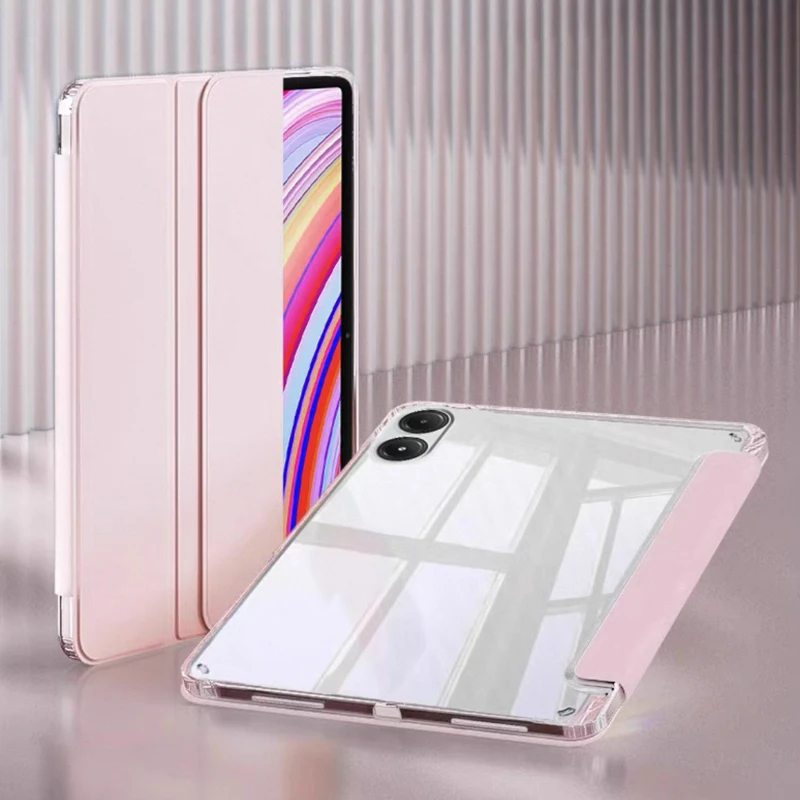 Trifold Acrylic Hard Back Tablet Case for Redmi Pad 2 Pro POCO 12.1 Mi 8 7 Pro 11.2 11 Inch PU Shockproof Funda with Pen Holder