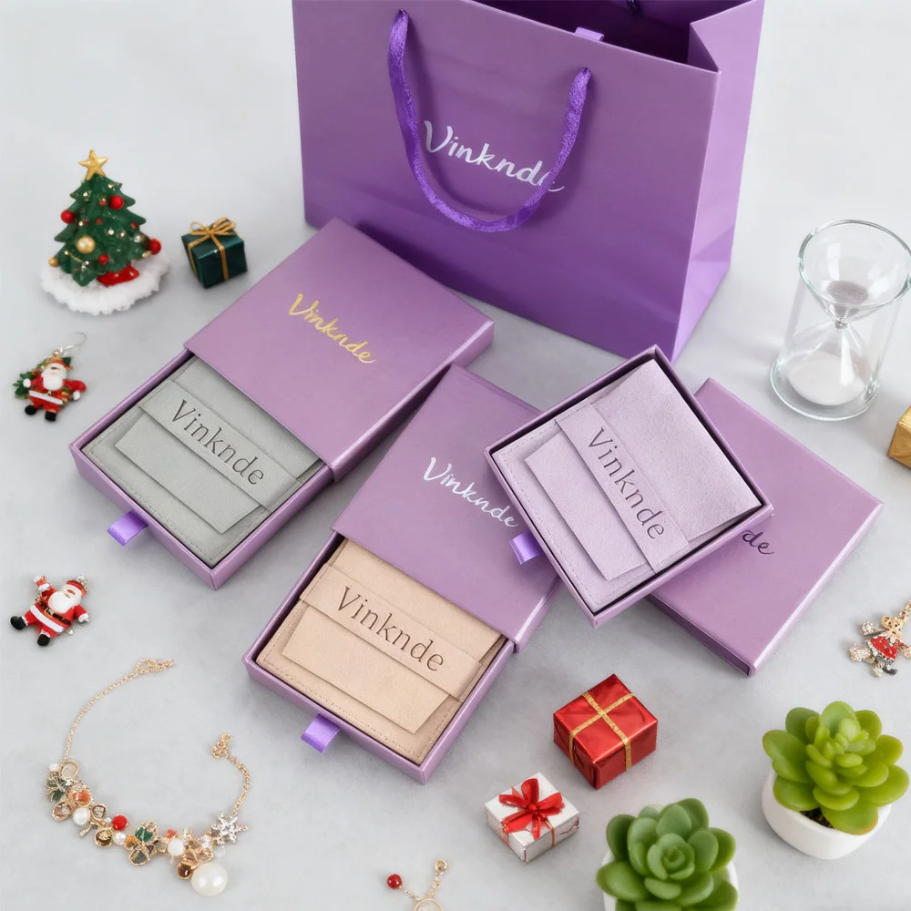 

Purple Jewelry Drawer Box 7X7X1.7cm Custom Logo Packing Ring Earring Necklace Sliding Boxes Microfiber Velvet Gift Bag Pouches