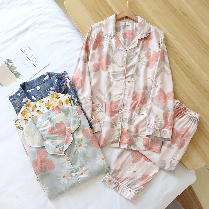 Conjunto de pijama floral estampado feminino, 100% viscose, calça de manga comprida, confortável, manga cheia, moda casual feminina, novo