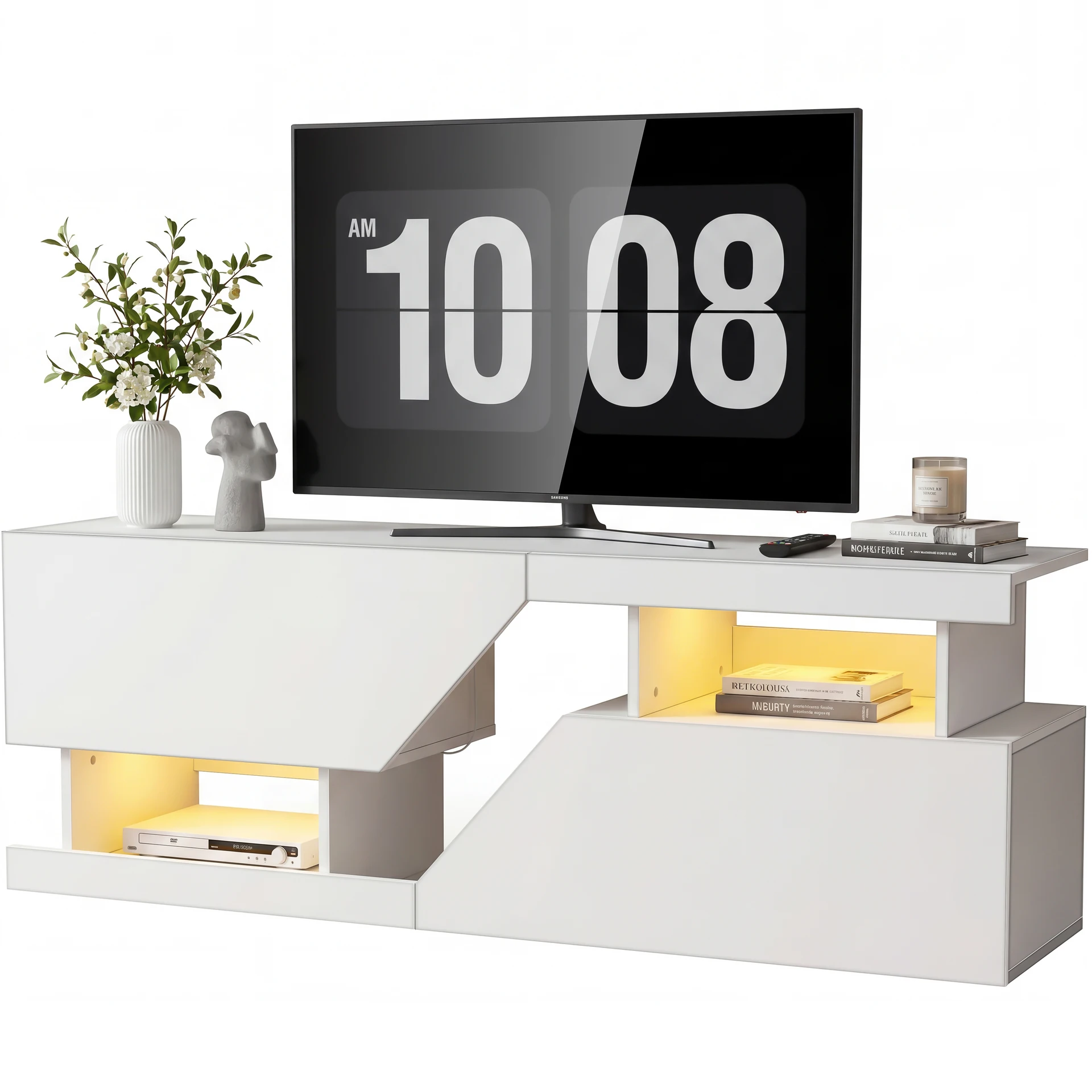 Weißer TV-Ständer, geeignet für Fernseher unter 60 Zoll, mit 2 Schränken und 1 offenem Regal, geeignet für Wohnzimmer und Schlafzimmer.
