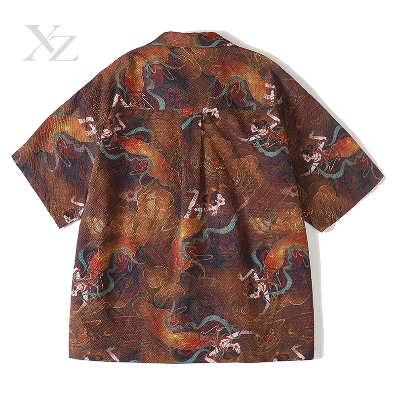 Opening Sale |Unisex Retro Ancient Chinese Figure Print Hawaiian Shirt Breathable Bubble Texture Camp Collar Short Sleeve Casual