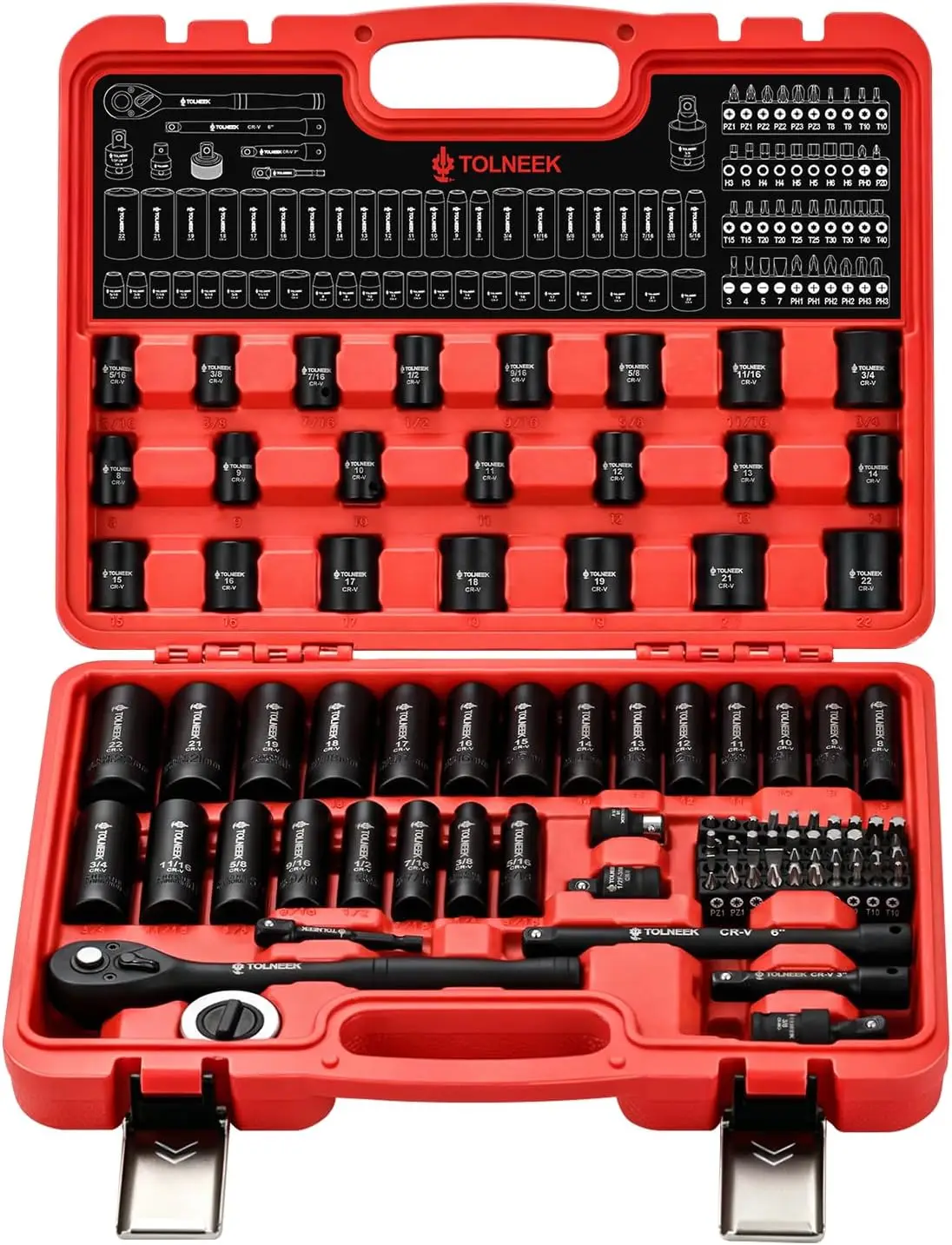 3/8 Impact Socket Set, 92PCS 6-Point (5/16" to 3/4", 8mm 22mm), Cr-Mo, with Adapters, Wrench, Quick Release Ratchet, Palm Kit