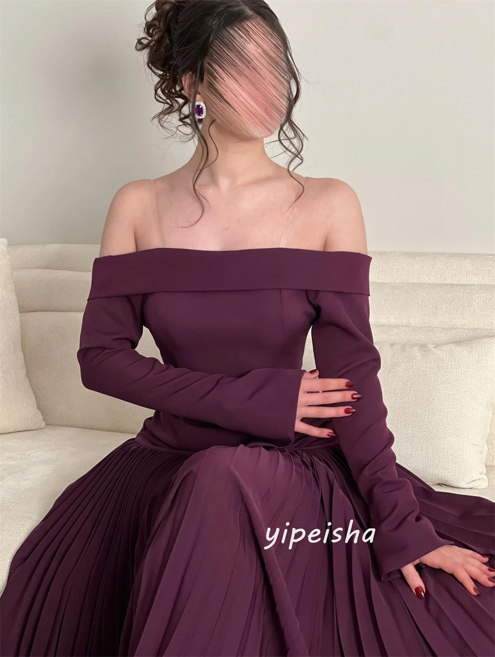 Customized Matching Sizes Available Jersey Pleat Ruched Draped A-line Off-the-shoulder  Ankle Length Evening Dresses Fashion