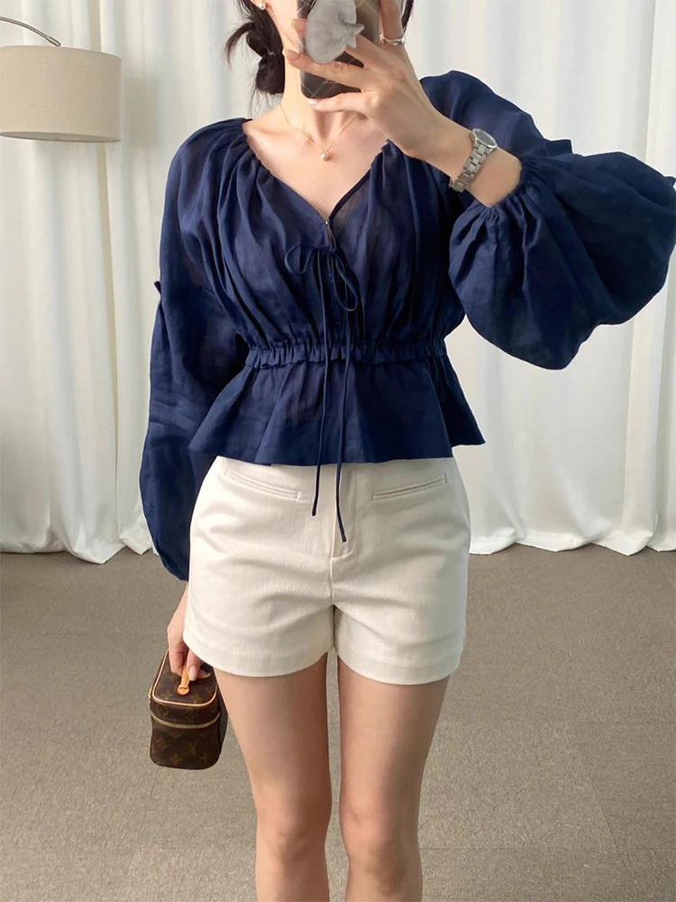 

Liangliang Gentle Wind V-ne Dstring Waist Bubble Sve irt Women's Summer New Sle Pure Color Top Korean Version Sli...
