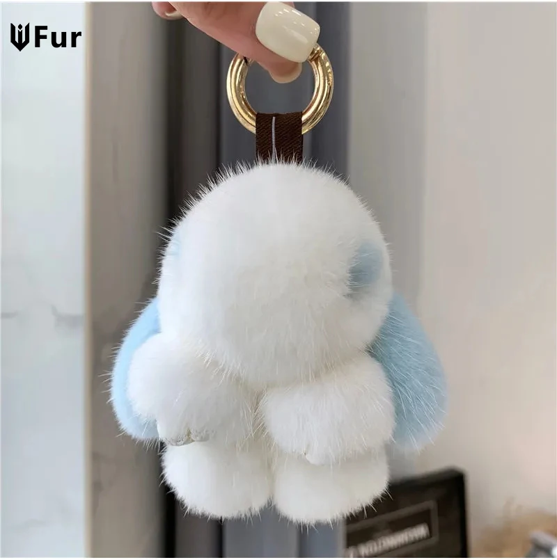 

2024 New 8cm Mini Real Mink Fur Cute Plush Bunny Rabbit Keychain Ladys Girls Bag Car Key Keyring Pompon Pendant Accessories