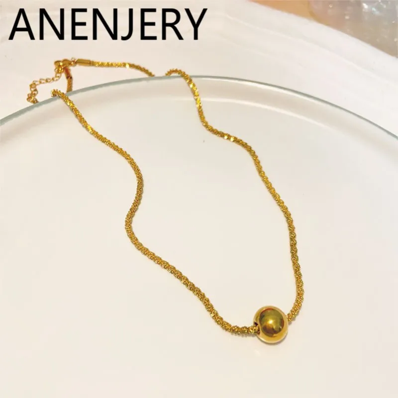 ANENJERY 316L Stainless Steel Ball Shape Pendant Necklace for Women Simple Party Jewelry Accessory