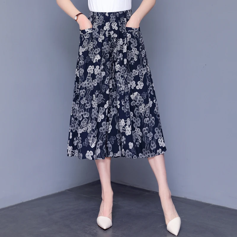 

Middle Aged Women Pants High Waist Summer 2023 New Vintage Print Wide Leg Pants Women Elastic Waist Oversize Trousers