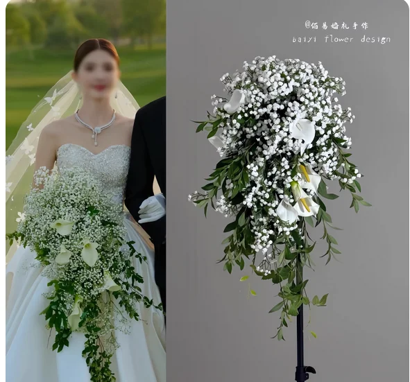 

Korean baby girl holding calla lily artificial flower wedding waterfall bouquet hot white collar flower DIY