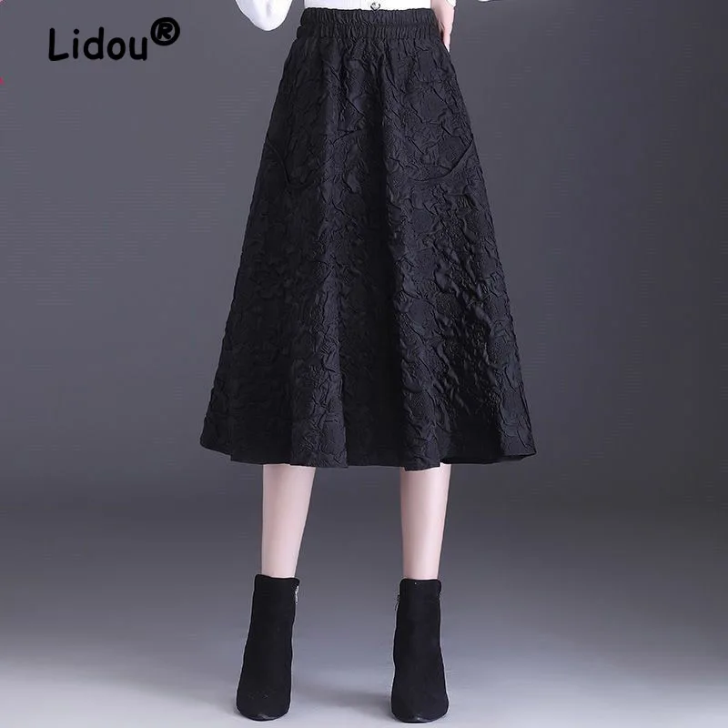 

Jacquard A-line Half Length Dress for Women Autumn 2023 New High Waist Mid Length Slim Elastic Waist Pleated Umbrella Skirt