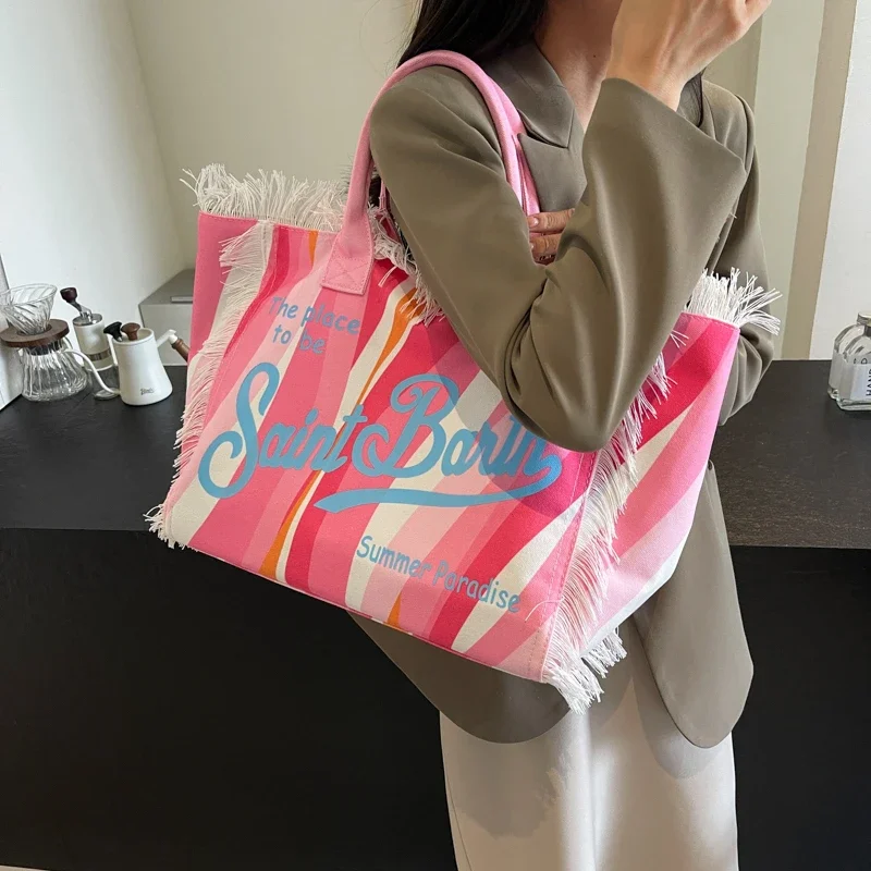 Korean letters tassel canvas bag large capacity bag bag simple commuter student to single shoulder Tote bag