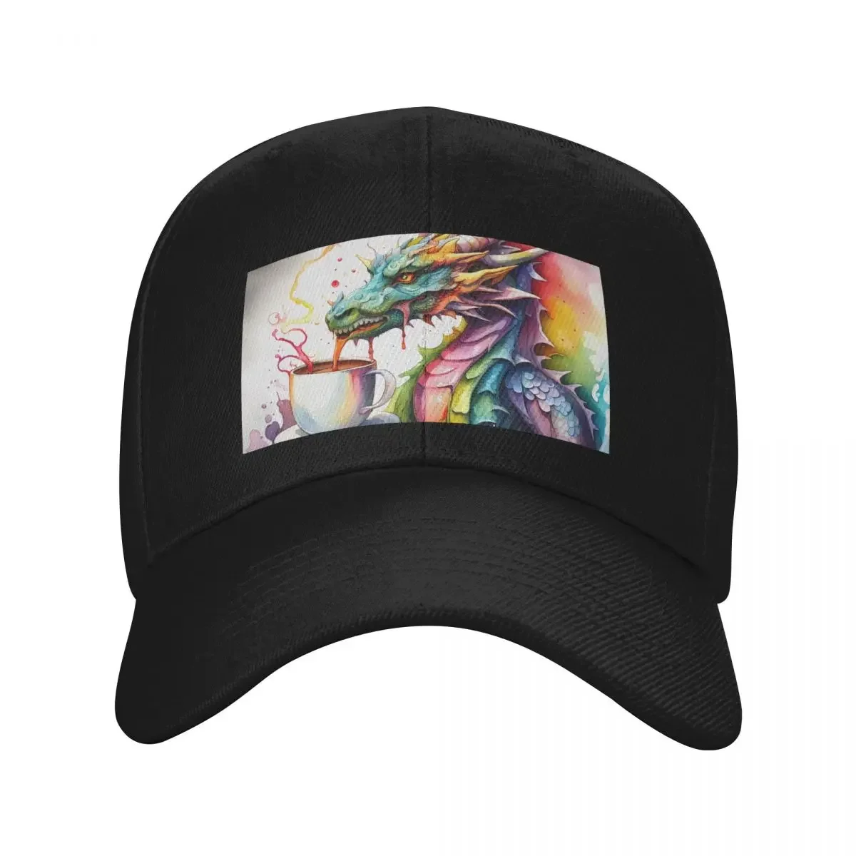 

Watercolor Dragon with his Morning Coffee Baseball Cap Funny hats sun caps Winter hat Men Golf Wear Women's
