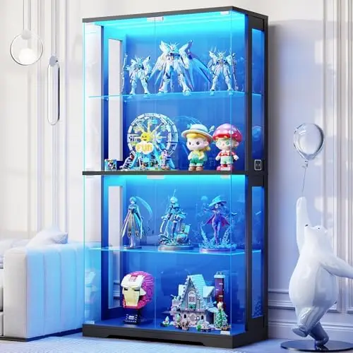 Display Cabinet with Glass Doors, 4-Tier Curio Cabinet with 3 Color Lights for Collectibles, Glass Display Case with