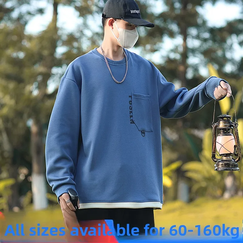 

Мужская толстовка оверсайз с длинным рукавом, повседневная, свободного кроя, с круглым вырезом, больших размеров, весна-осень, модная, имитация двухслойности, свободный крой, топ