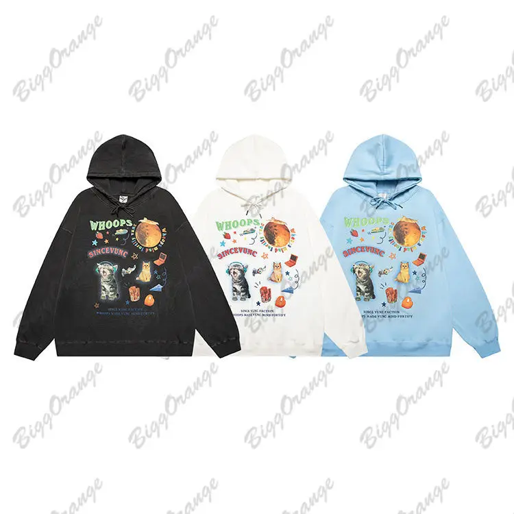 JC Trendy Creative Multi Element Pattern Printing Wash Hooded Sweater for Men and Women Oversize Versatile High Street Coat y2k