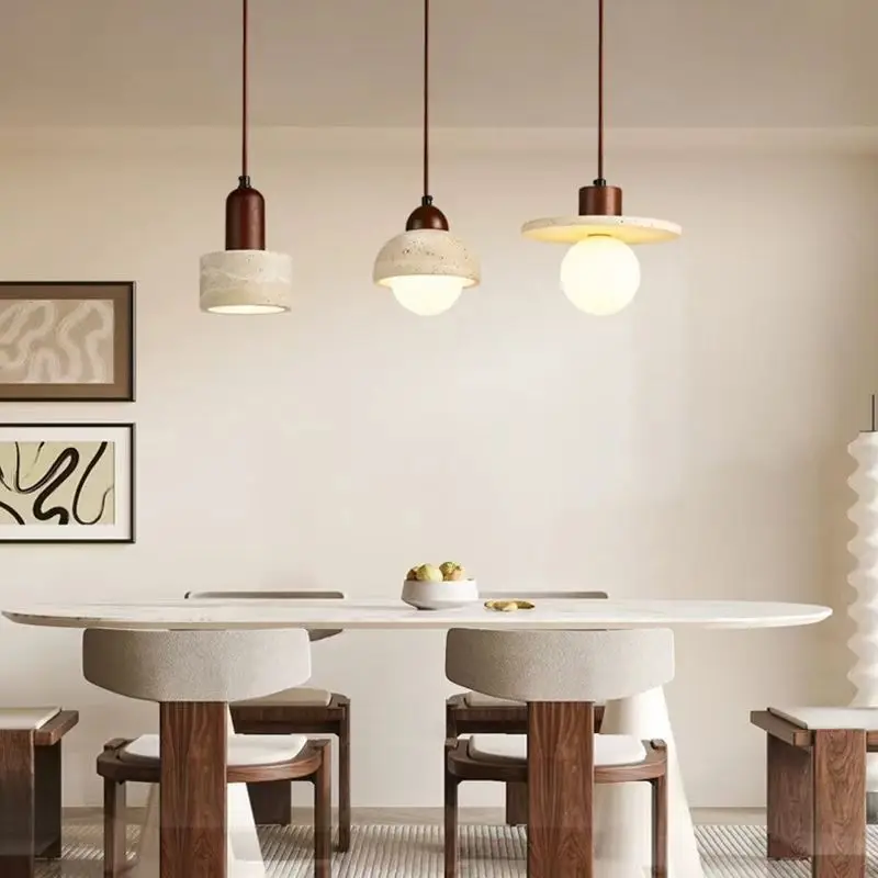 2026 Yellow Travertine LED Pendant Light Fixtures Balcony Study Porch Wood Wire Adjustable Hanging Lamp Lighting