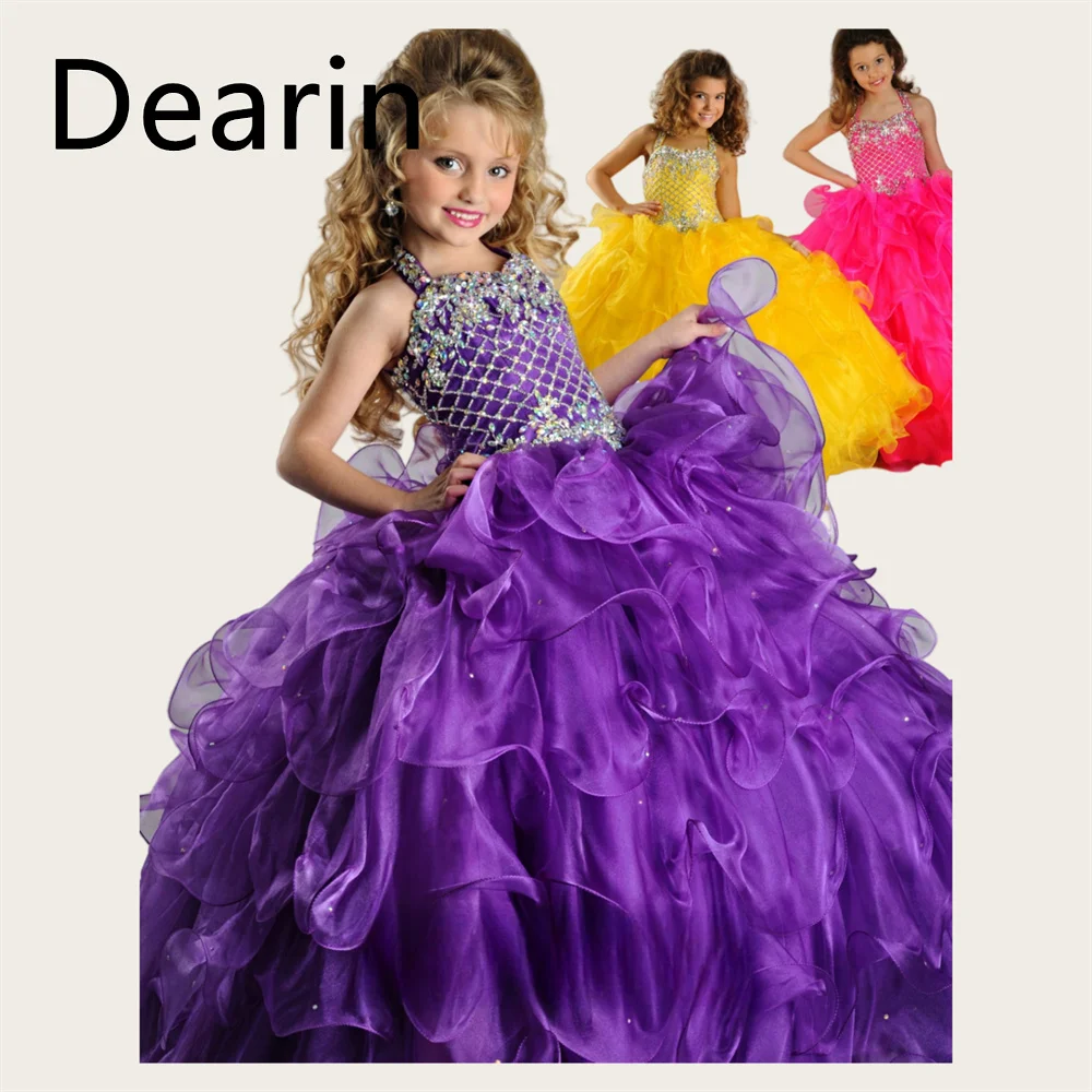 

Customized Flower Girl Dress Dearin Shoulder Girdle A-line Floor Length Skirts Tulle Sequin Dresses