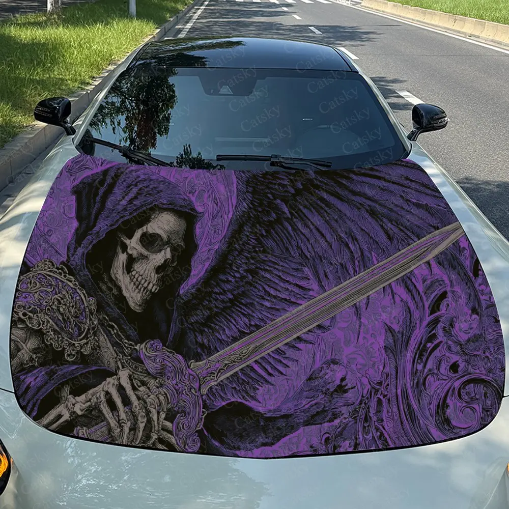

Car Decal Grim Reaper with Sword & Wing in Purple Swirl Gothic Design, Creating a Bold and Enigmatic Visual Car Hood Sticker, Wa