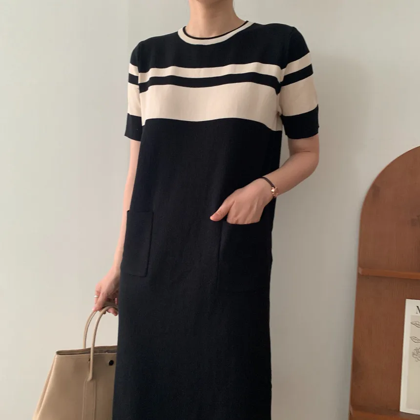 REALEFT Summer 2024 New Casual Loose Women's Knitting Dresses Female Colorblock Straight O-Neck Short Sleeve Korean Long Dress