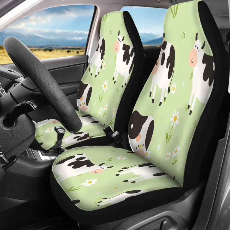 Set Of 2 Front Seat Covers For Cars, Featuring A Charming Cow And Daisy Design. These Breathable Vehicle Cushions Do Not Have Ba